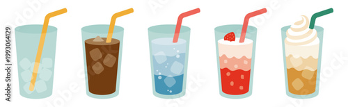 Set of iced coffee and summer drinks icons with ice cubes and straws