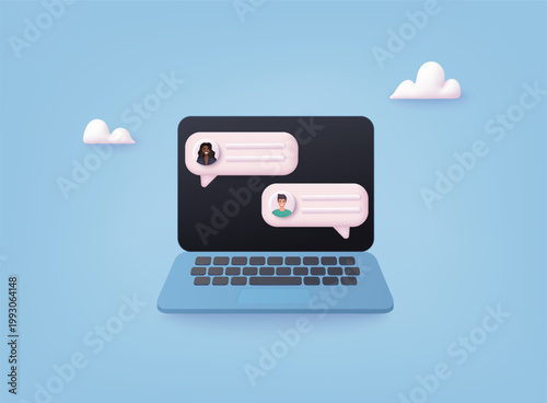 3D illustration of laptop with chat bubbles and user avatars, representing online messaging, communication, and social interaction.