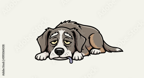 Sad, sleepy dog with droopy eyes and tongue hanging out