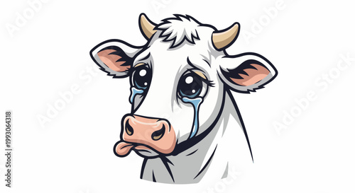 Sad cartoon cow with blue eyes and tears running down its cheeks