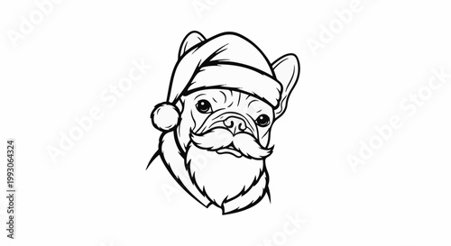 Black and white sketch of a French bulldog dressed as Santa Claus