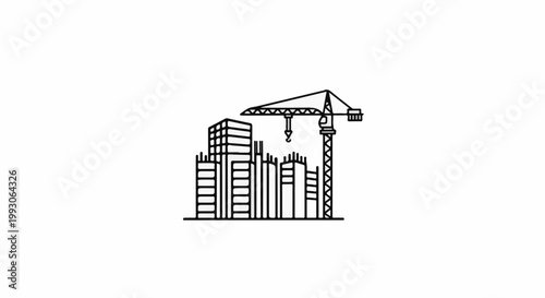 Building construction scene with crane and unfinished structures