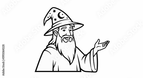 Cartoon wizard with starry hat and flowing beard gesturing with hand