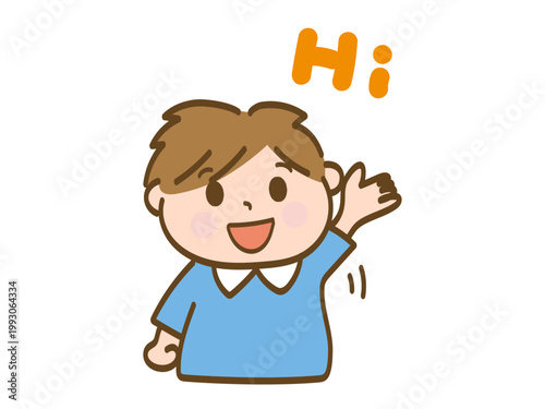 Cute boy waving hello saying hi cartoon illustration