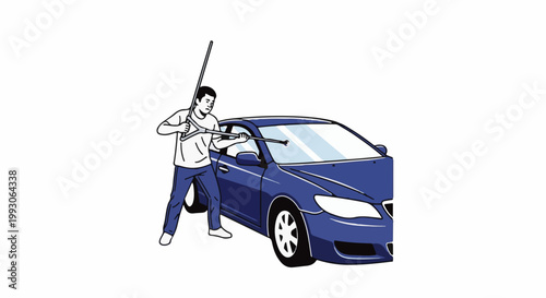 Person washing a blue car with a pressure washer