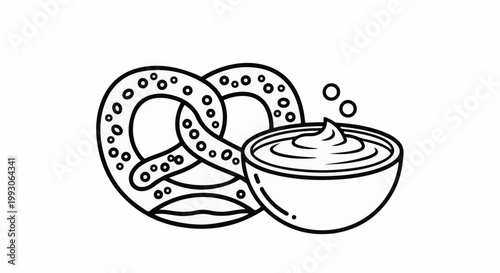 Stylized black and white outline of a pretzel and a bowl of dip