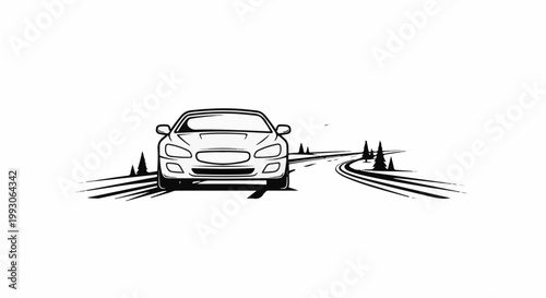 Car driving on a winding road with trees and abstract motion lines
