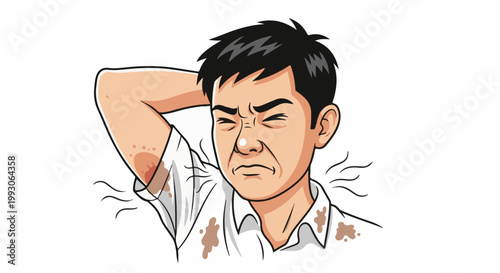 Person scratching armpit, shirt stained, feeling discomfort
