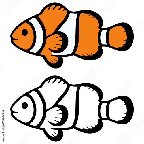 Logotipo vida marina. Varias versiones de un dibujo minimalista con líneas de un pez payaso 