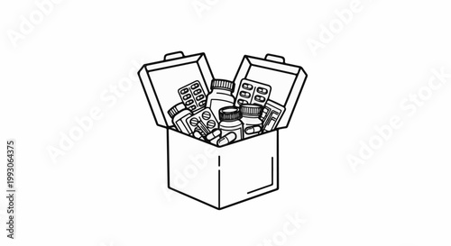 Open box filled with various medicine bottles and blister packs of pills