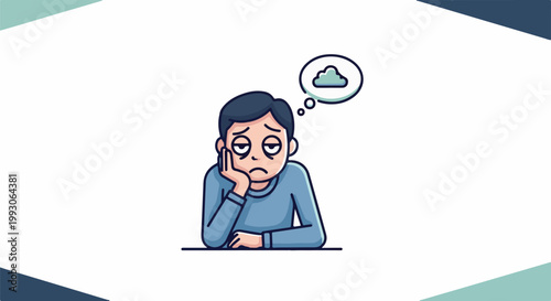 Bored man with closed eyes sits, thinking of a single cloud