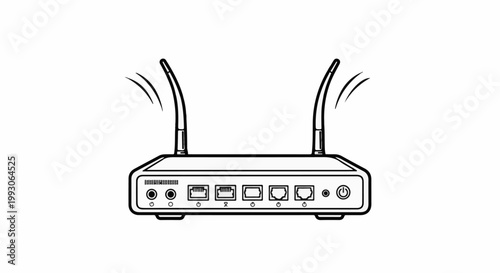 A stylized illustration of a wireless router with two antennas emitting signal waves