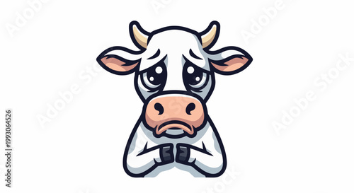 Sad cartoon cow with big eyes, pleading pose, and large pink nose