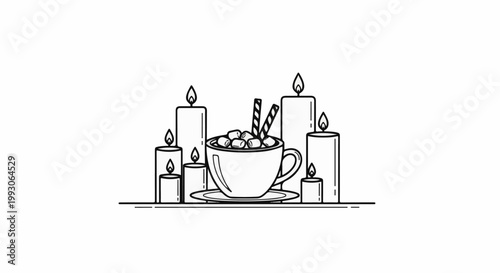 A warm mug of cocoa with marshmallows and sticks, surrounded by lit candles