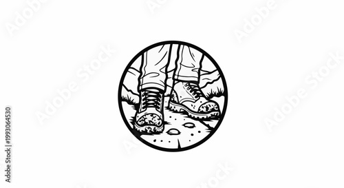 Close-up black and white illustration of dirty hiking boots on rocky ground