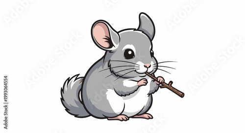 Cartoon chinchilla holding a twig to its mouth with its paws