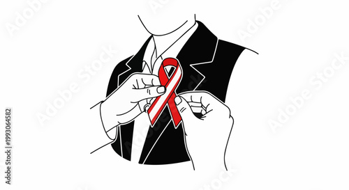 Person wearing a suit pins a red ribbon to their chest