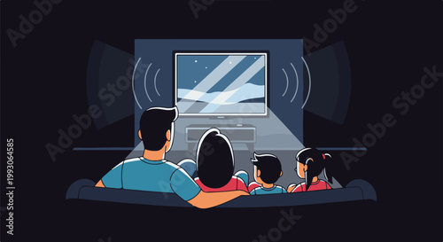 Family watching TV on couch in dark room with sound waves