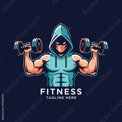 Muscular man in hoodie lifting dumbbells for fitness and exercise icon