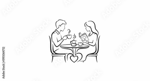 Couple enjoying coffee and reading at a table with a heart design