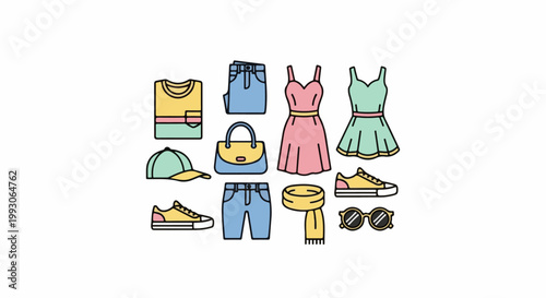 Collection of colorful, flat-design clothing and accessories on white background