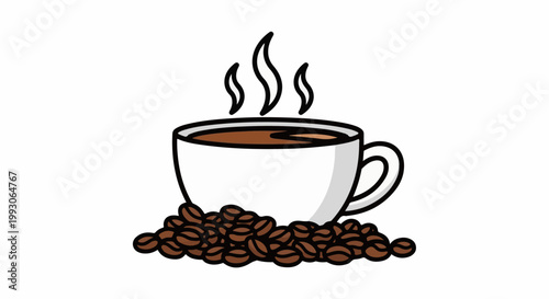 A steaming cup of coffee sits on a pile of roasted beans