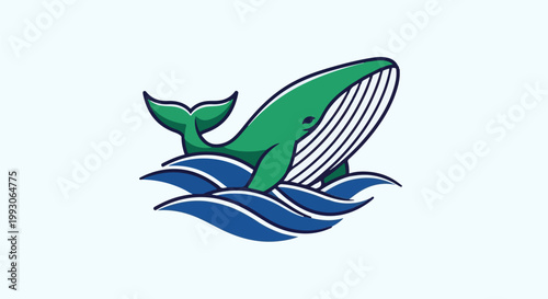 A stylized green whale breaches through blue ocean waves