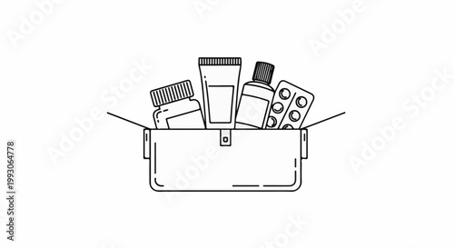 Line art medical kit with bottles, tube, and blister pack inside