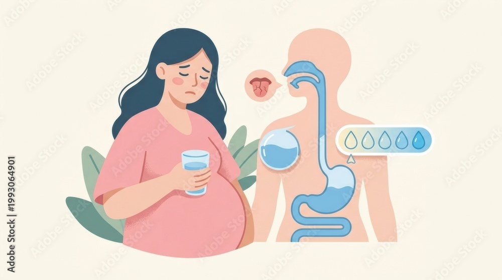 Obraz premium Understanding Pregnancy Symptoms and Conditions With a Focus on Digestive Health and Hydration in Expectant Mothers