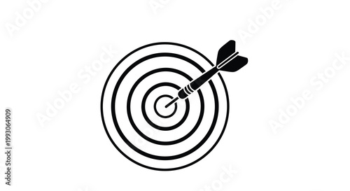A black and white illustration depicts a dart hitting the bullseye of a circular dartboard target high quality