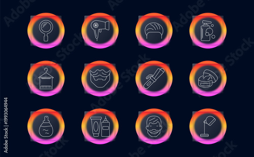 Beauty salon grooming set icon. Linear haircare cosmetics collection with mirror, hairdryer, hairstyle, soap dispenser bottle, hanger clothes, beard moustache, curling iron, shaving