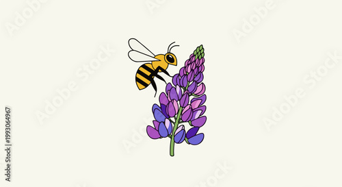 Cartoon bee gathering nectar from a purple lupine flower