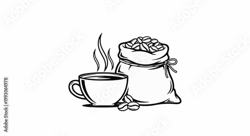 A steaming cup of coffee beside a burlap sack full of coffee beans