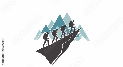 Four hikers ascend a jagged mountain peak with abstract peaks behind