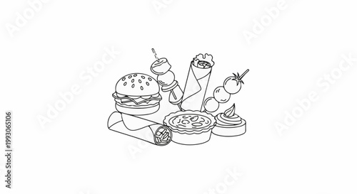 A collection of various quick food items like burgers and spring rolls
