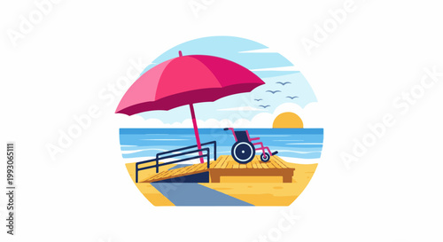 Accessible beach scene with a pink umbrella, wheelchair, ramp, and ocean