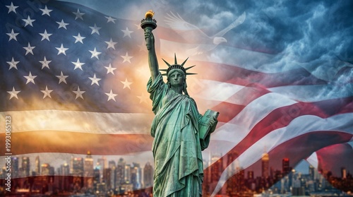 The iconic Statue of Liberty stands proudly before a waving American flag with a city skyline and an eagle in the sky representing freedom and patriotism