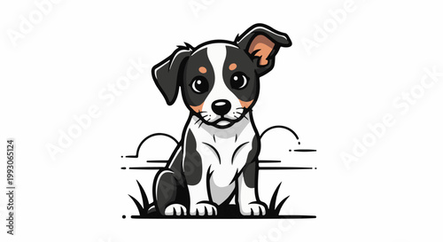 Adorable cartoon puppy with big eyes sits patiently on grass