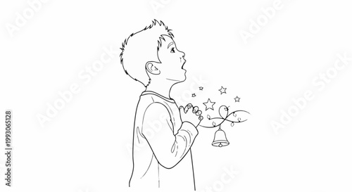 A child praying with hands together, looking upwards at stars and a bell