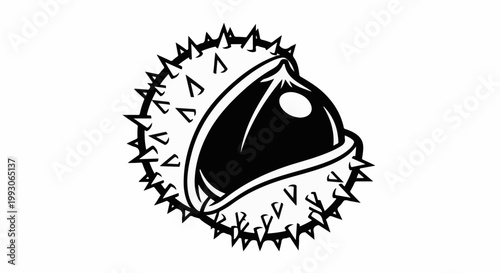 Stylized black and white illustration of a spiky capsule containing a smooth, shiny object