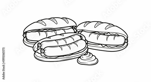 A black and white illustration of three delicious hot dogs in buns with mustard