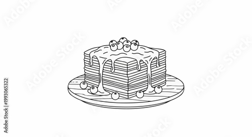 A stack of pancakes drizzled with syrup and topped with blueberries on a plate