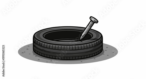 A puncture in a tire from a sharp metal nail