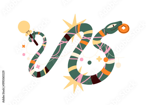 Ornamented snake with ancient gold coin and gong stick in tail. Abstract patterned serpent, animal with signs. Symbol of Chinese New Year. Culture of China. Flat isolated vector illustration on white.