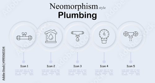 Plumbing set icon. Pipe valve connector, house water drop symbol, wall faucet dripping, pressure gauge meter, pipeline joint leak. Neomorphic circle buttons