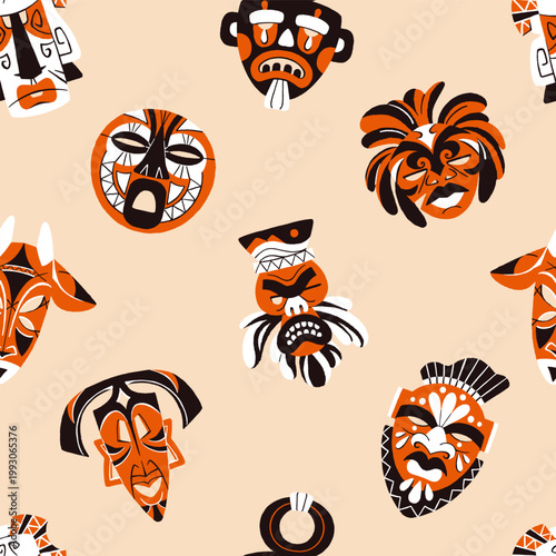 Repeatable pattern of different African tribal masks. Endless background of traditional face masques of ancient idols. Culture and art of Africa, Maya or Inca. Flat seamless vector illustration.