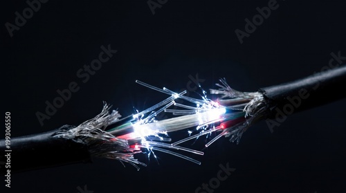 Broken fiber optic cable with glowing exposed strands and scattered sparks on dark background, representing data disruption, network failure, connectivity loss, and fragile digital infrastructure.