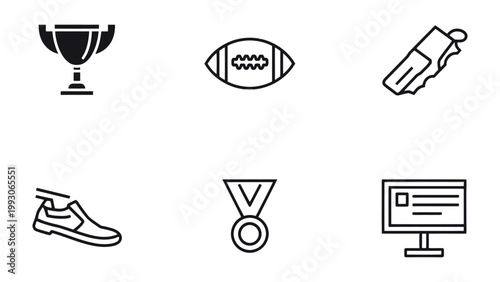 Sport Icons: A collection of minimalist icons representing various sports equipment, capturing the essence of competition, athleticism, and achievement.