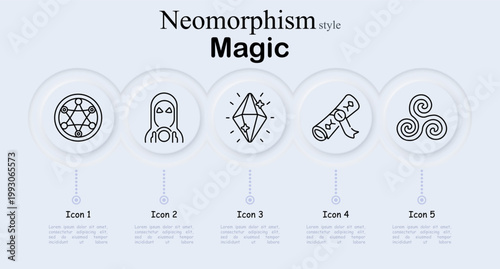 Magic set icon. Neomorphism style interface with occult magic circle, fortune teller with crystal ball, shining crystal gem, magic scroll document, triskelion spiral symbol. Soft round buttons
