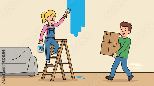 Home Renovation Concept with Happy Couple Painting Wall and Moving Boxes into New Apartment